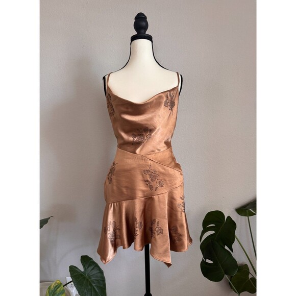 NWT Oh Polly Bronze Satin Cowl Neck Mini Dress US4 Floral Rhinestone Party - Picture 1 of 11